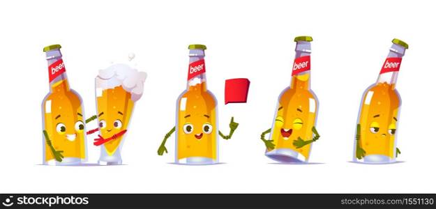 Cute beer bottle character in different poses. Vector set of cartoon funny mascot, lager pint personage laughs, sad, talk with speech bubble and hugs with glass of beer. Cute beer bottle character with glass