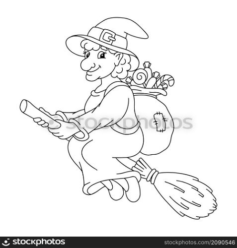 Cute Befana flies on a broomstick with a bag of gifts. Coloring book page for kids. Cartoon style character. Vector illustration isolated on white background.