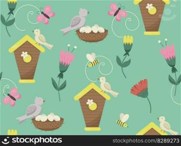 Cute bird houses and flowers background. Vector cartoon seamless pattern with bird houses and nests. Easter concept. Cute bird houses and flowers background. Vector cartoon seamless pattern with bird houses and nests.