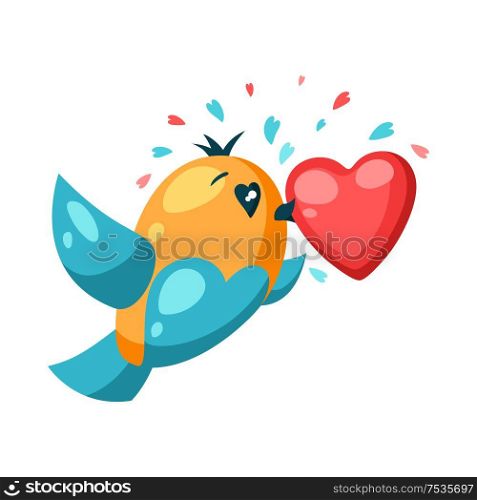 Cute bird in love with heart. Valentine Day greeting card. Illustration of kawaii character with eyes hearts.. Cute bird in love with heart. Valentine Day greeting card.