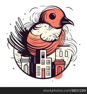 Cute bird in the city. Vector illustration in retro style.
