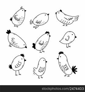 Cute bird. Set doodle illustration. Coloring book for kids.