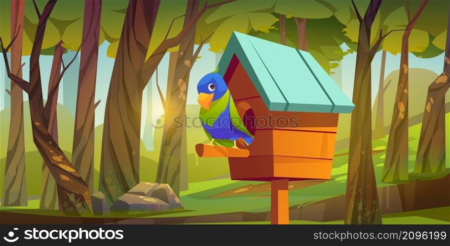 Cute bird sitting on wooden perch of birdhouse with blue slope roof on summer forest or park background. Home, feeder or nest with hole entrance. Crafts, nature protection, Cartoon vector illustration. Cute bird sitting on wooden perch of birdhouse