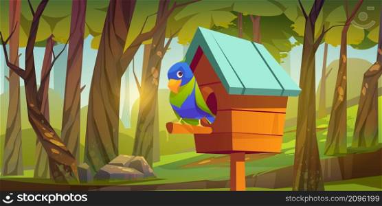 Cute bird sitting on wooden perch of birdhouse with blue slope roof on summer forest or park background. Home, feeder or nest with hole entrance. Crafts, nature protection, Cartoon vector illustration. Cute bird sitting on wooden perch of birdhouse