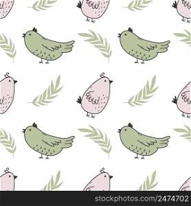Cute bird with green branch. Seamless background for sewing children clothes. Printing on fabric and wrapping paper. Pattern to nursery.