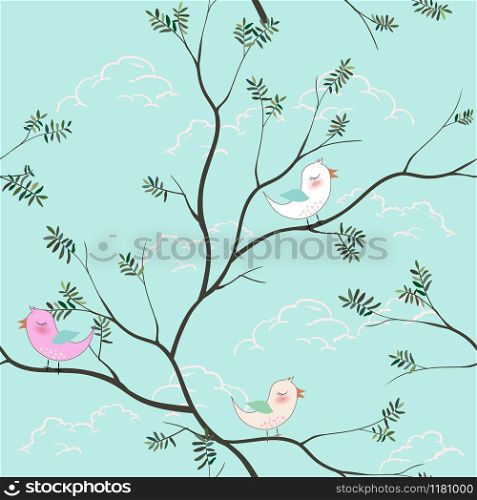 Cute birds cartoon seamless pattern on soft blue background for kid product,t-shirt,,print,fabric,textile or wallpaper,vector illustration