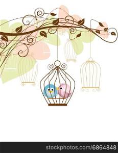 cute birds. decorative branches with a birds in a cage