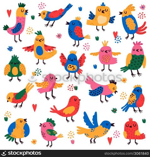 Cute birds. Hand drawn colorful little birds, doodle songbird characters, nature forest bird childish isolated vector illustration set. Characters with wings in different positions. Cute birds. Hand drawn colorful little birds, doodle songbird characters, nature forest bird childish isolated vector illustration set