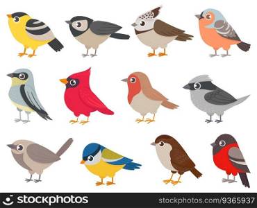 Cute birds. Hand drawn little colorful birds, animals characters for print card, garden decoration. Elements for childish poster vector set. Bird nature drawing, fauna animal natural zoo illustration. Cute birds. Hand drawn little colorful birds, animals characters for print card, garden decoration. Elements for childish poster vector set