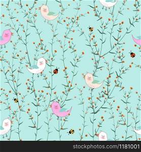 Cute birds in blooming flowers garden on pastel blue background for fabric,textile,print or wallpaper,vector illustration