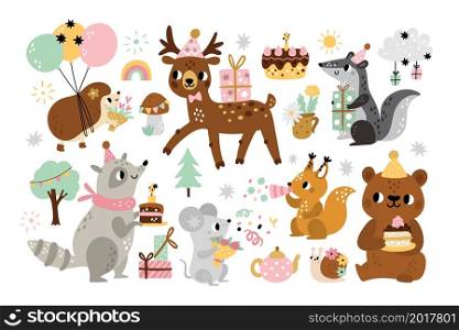 Cute birthday animals. Kids holiday party, children cartoon forest characters with decorative attributes, celebration elements, hedgehog with balloons, bear eat cake, deer hold presents, vector set. Cute birthday animals. Kids holiday party, children cartoon forest characters with decorative attributes, celebration elements, hedgehog with balloons, bear eat cake vector set