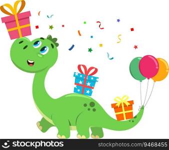 Cute Birthday Dinosaur Cartoon Character Carries On Gift Boxes. Vector Illustration Flat Design Isolated On Transparent Background