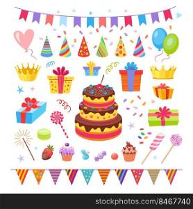 Cute birthday party elements vector illustrations set. Cake, cupcakes, confetti,  balloons, paper party hats, flags, candies, gifts for kids isolated on white background. Decoration, birthday concept