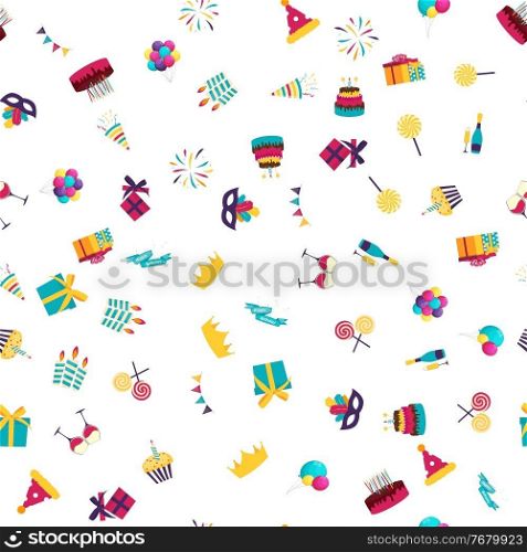 Cute Birthday Seamless Pattern Background with Cake, Candles. Design Element for Party Invitation, Congratulation. Vector Illustration. Cute Birthday Seamless Pattern Background with Cake, Candles. Design Element for Party Invitation, Congratulation. Vector Illustration EPS10