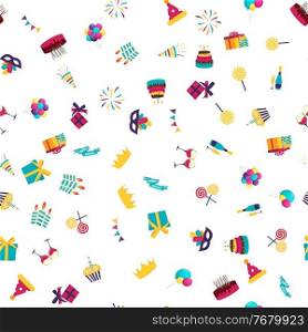 Cute Birthday Seamless Pattern Background with Cake, Candles. Design Element for Party Invitation, Congratulation. Vector Illustration. Cute Birthday Seamless Pattern Background with Cake, Candles. Design Element for Party Invitation, Congratulation. Vector Illustration EPS10