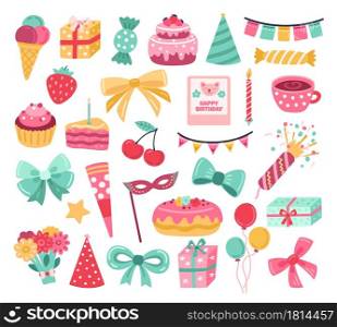 Cute birthday sticker. Party cake, greeting anniversary cupcake. Celebration garlands, doodle elements for cards planner exact vector set. Illustration cake to birthday, celebration sweets. Cute birthday sticker. Party cake, greeting anniversary cupcake. Celebration garlands, doodle elements for cards planner exact vector set
