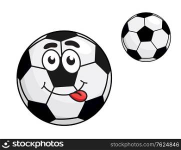 Cute black and white cartoon soccer ball with a protruding red tongue and bemused expression, with a second variant with no face, isolated on white background. Cute cartoon soccer ball with a protruding tongue