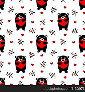 Cute black bear hold red heart seamless pattern. Cute Valentine concept.