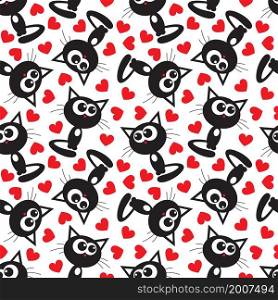 Cute black cartoon cat and red hearts seamless pattern. Vector illustration.