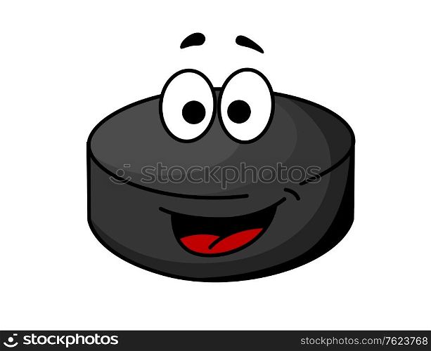 Cute black cartoon ice hockey puck with a red tongue and googly eyes, cartoon illustration