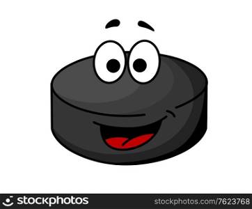 Cute black cartoon ice hockey puck with a red tongue and googly eyes, cartoon illustration