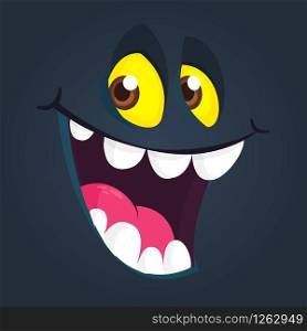 Cute black cartoon monster face smiling. Vector Halloween monster avatar laughing. Design for print, children book, party decoration