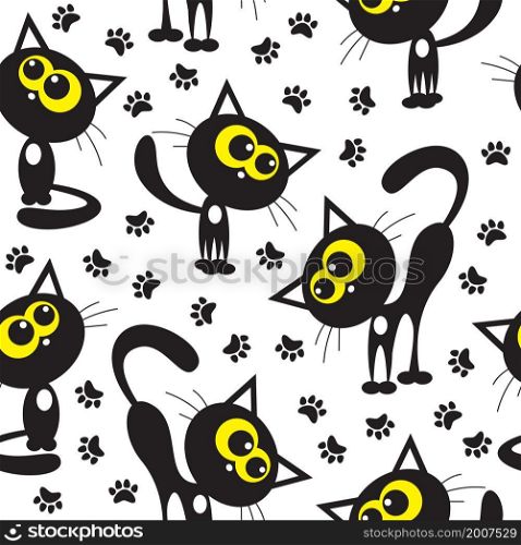 Cute black cat and paw prints cartoon seamless pattern. Vector illustration.