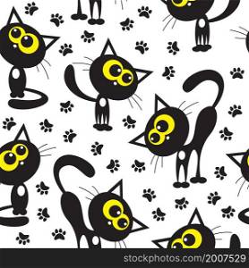 Cute black cat and paw prints cartoon seamless pattern. Vector illustration.