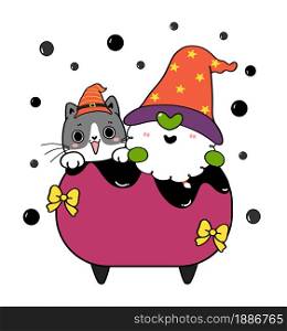 Cute Black cat and witch gnome in poison brewing pot cauldron, Halloween cartoon hand drawn flat vector outline