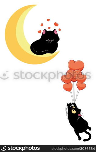 Cute black cat flying on red heart balloons to the cat sleeps on crescent moon illustration.