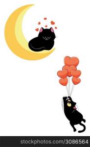 Cute black cat flying on red heart balloons to the cat sleeps on crescent moon illustration.