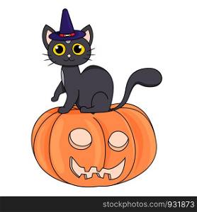 Cute black cat in a witch hat sitting on a Halloween pumpkin on white background. Simple flat picture with cat for holiday halloween. Illustration of Halloween kitten are sitting happily on a pumpkin with the with hat.. Cute black cat in a witch hat sitting on a Halloween pumpkin on white background
