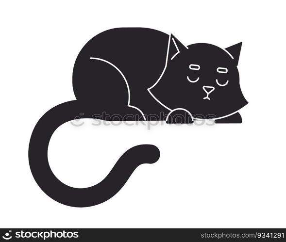 Cute black cat sleeping flat monochrome isolated vector object. Resting adorable pet. Cozy kitten. Editable black and white line art drawing. Simple outline spot illustration for web graphic design. Cute black cat sleeping flat monochrome isolated vector object