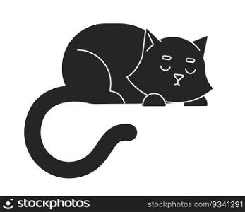 Cute black cat sleeping flat monochrome isolated vector object. Resting adorable pet. Cozy kitten. Editable black and white line art drawing. Simple outline spot illustration for web graphic design. Cute black cat sleeping flat monochrome isolated vector object