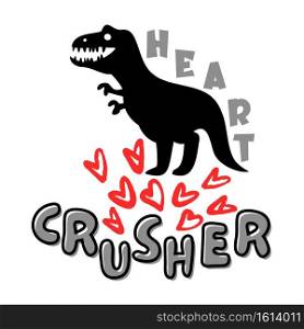 Cute black dinosaur crushing heart. Valentine dinosaur osolated on white background.vector illustration.