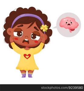 Cute black ethnic girl is suffering from headache and is holding her head. Migraine and sad character internal organ brain. Vector illustration in cartoon style