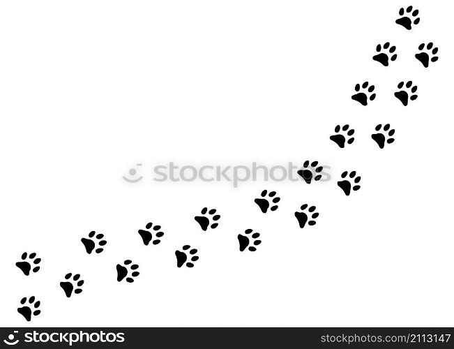 Cute black footprints of pet foot steps silhouettes. Vector illustrations animal tracks isolated on white texture fresh paw pet. Cute black footprints of pet foot steps silhouettes. Vector animal tracks isolated on white