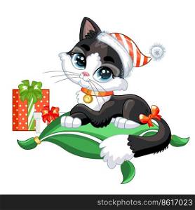 Cute black kitten lying on a pillow with christmas gifts. Cartoon character. Vector isolated illustration. For print, design, posters, cards, stickers, decor, kids apparel, baby shower and invitation. Christmas cute kitten with gifts vector illustration