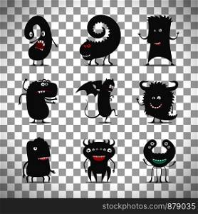Cute black monsters vector illustration set isolated on transparent background. Cute black monsters on transparent background