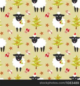 Cute black sheep and Christmas trees seamless pattern.