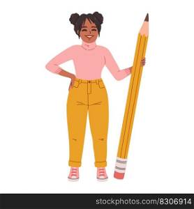 Cute black student girl standing with a large pencil. Flat design style minimal vector illustration.