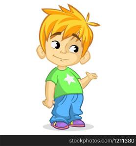 Cute blonde boy waving and smiling. Vector cartoon illustration of a boy presenting. Cartoo funny little boy