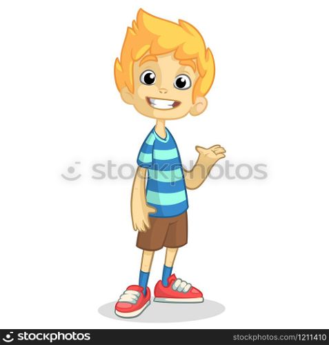 Cute blonde boy waving and smiling. Vector cartoon illustration of a teenager in a striped blue t-shirt presenting. Cartoo funny little boy