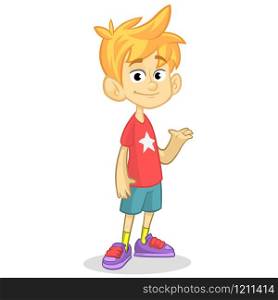 Cute blonde boy waving and smiling. Vector cartoon illustration of a teenager in red t-shirt presenting. Cartoo funny little boy