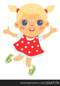 Cute blonde girl smiling. Happy jumping kid. Fun cartoon character isolated on white background. Cute blonde girl smiling. Happy jumping kid. Fun cartoon character