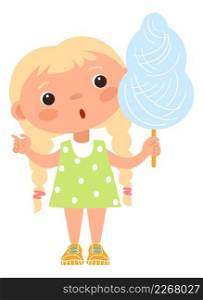 Cute blonde girl with cotton candy. Happy kid isolated on white background. Cute blonde girl with cotton candy. Happy kid