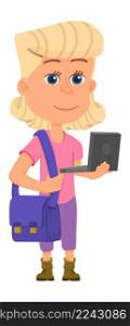 Cute blonde girl with laptop and school bag. Cartoon student character isolated on white background. Cute blonde girl with laptop and school bag. Cartoon student character