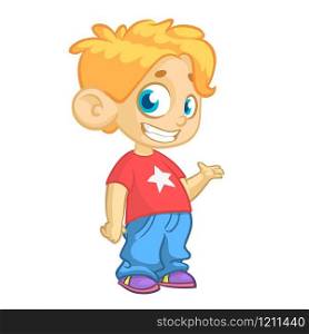Cute blonde young boy waving and smiling. Vector cartoon illustration of a teenager in red t-shirt presenting. Icon. Cartoo funny little boy