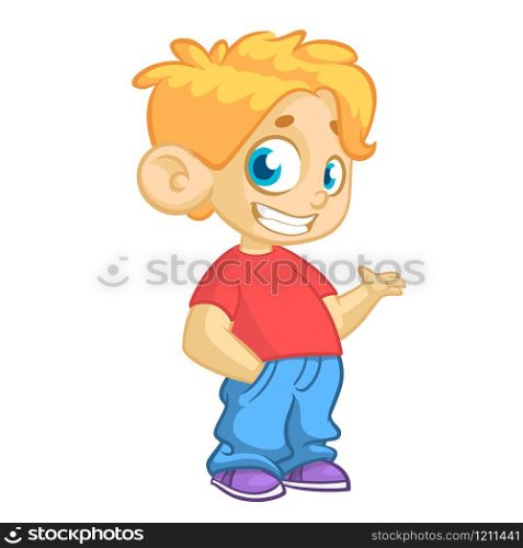 Cute blonde young boy waving and smiling. Vector cartoon illustration of a teenager in red t-shirt presenting. Icon