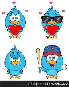 Cute Blue Bird Cartoon Character 5. Collection Set
